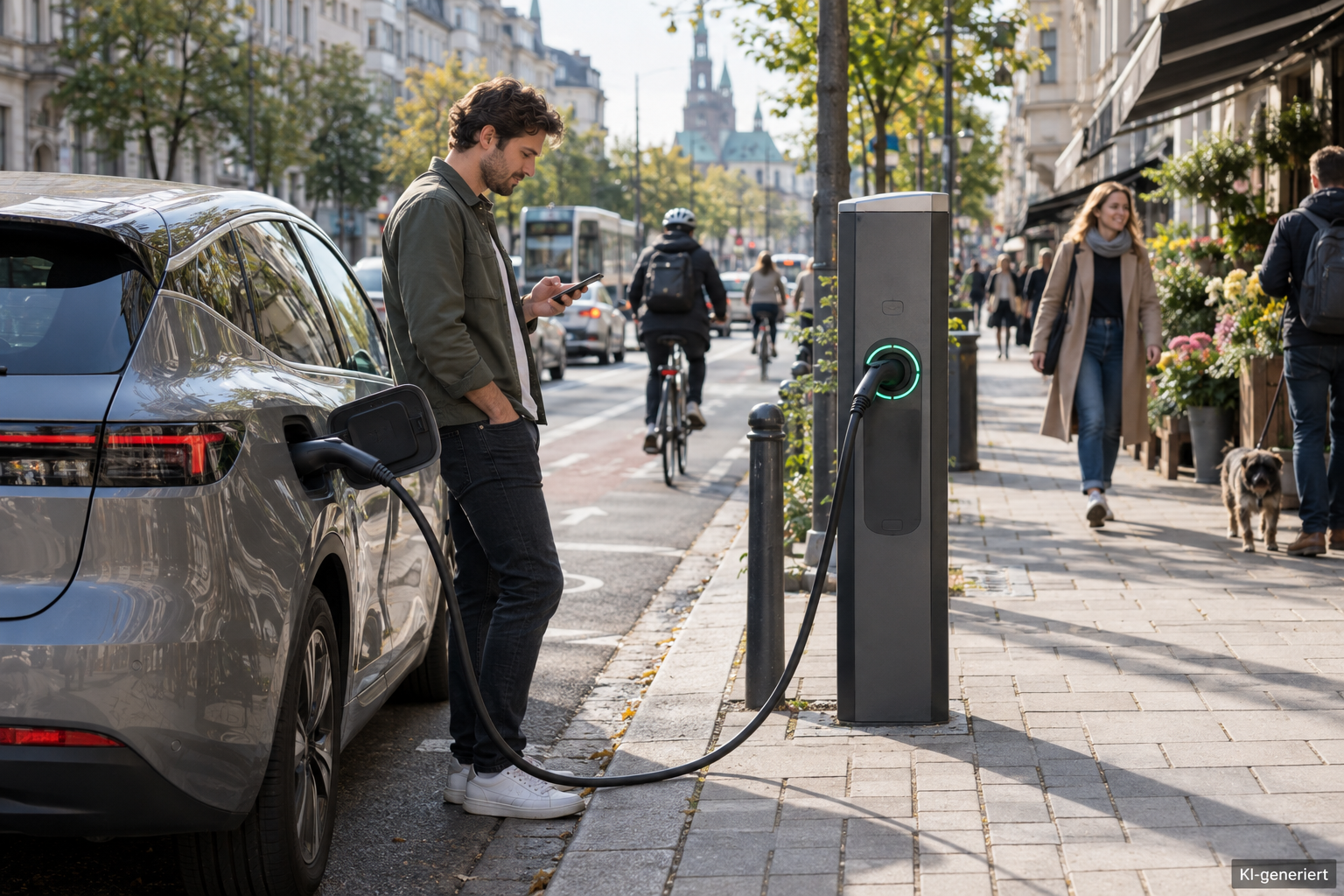 Elektroauto lädt an einer öffentlichen Station in einer belebten Stadtstraße