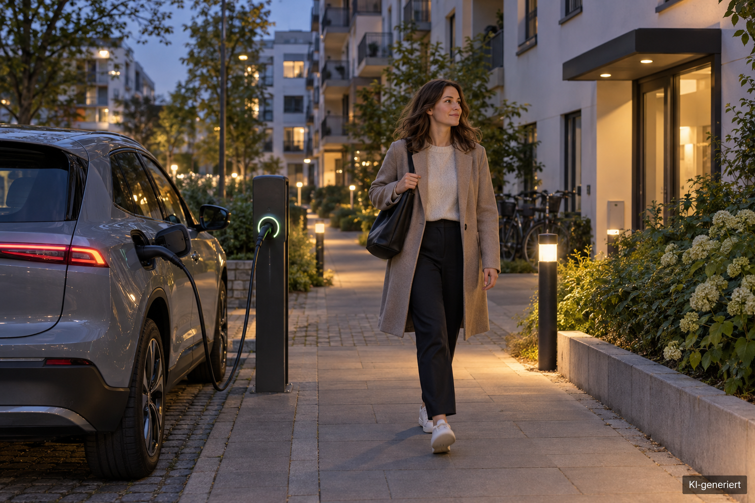 Bewohnerin lädt ein Elektroauto an einer Quartiersladesäule nahe ihrer Wohnung
