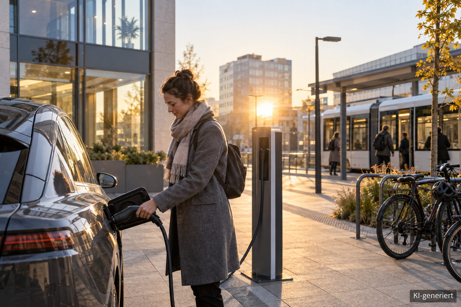Pendlerin verbindet ihr Elektroauto morgens an einer städtischen Ladesäule nahe dem Arbeitsplatz