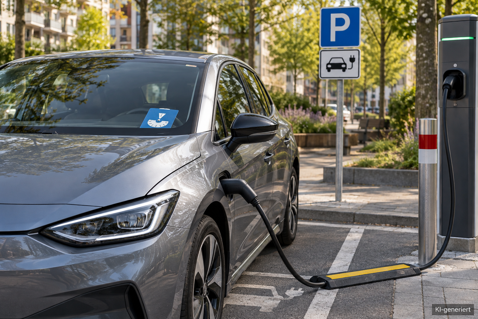 Beschilderter Ladeplatz mit Elektroauto, Parkscheibe und öffentlicher Ladesäule